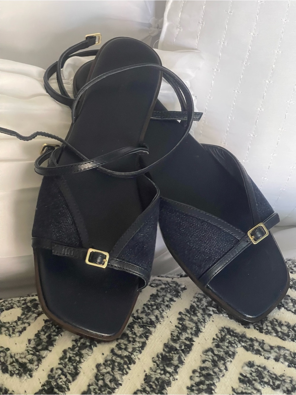 Madewell Black Strappy Square-Toe Sandals with Gold Buckles